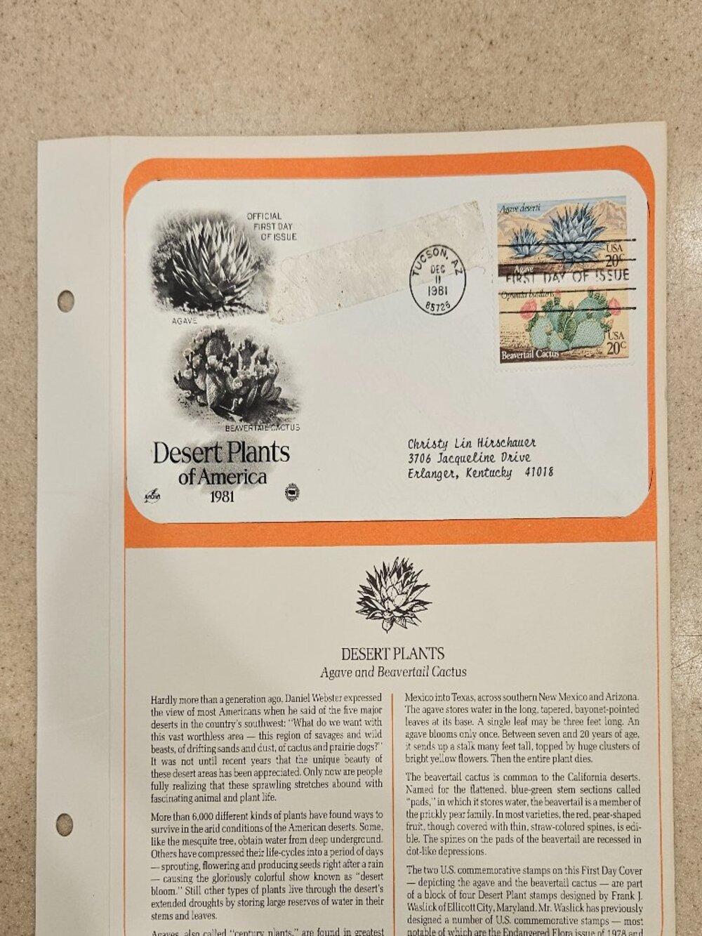RARE COLLECTIBLE USPS 1ST DAY ISSUE COVER DESERT PLANTS AGAVE CACTUS STAMP FDC